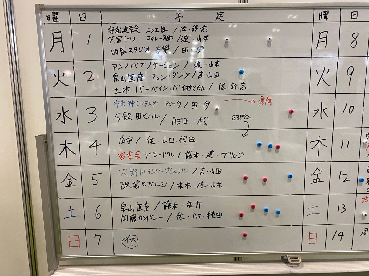 ホワイトボードに手書きした予定の例
